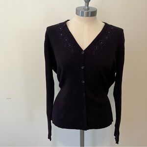 VTG Y2K Women’s M Navy Ribbed Wool Blend Button Cardigan Embroidered Cottage